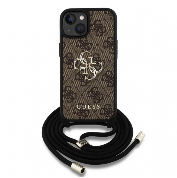 Guess PU 4G Metal Logo Crossbody Strap Case för iPhone 15 Brun