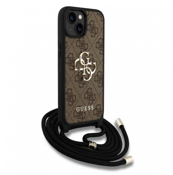 Guess PU 4G Metal Logo Crossbody Strap Case för iPhone 15 Brun