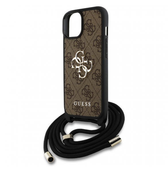 Guess PU 4G Metal Logo Crossbody Strap Case för iPhone 15 Brun