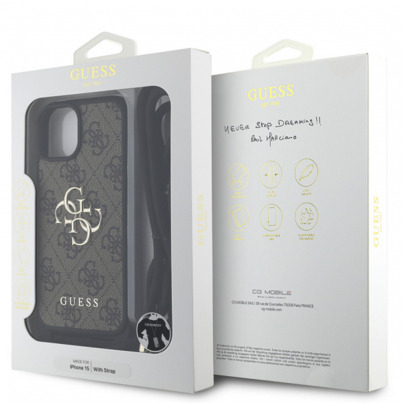 Guess PU 4G Metal Logo Crossbody Strap Case för iPhone 15 Brun