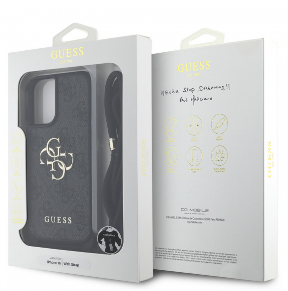 Guess PU 4G Metal Logo Crossbody Strap Fodral till iPhone 16 Svart