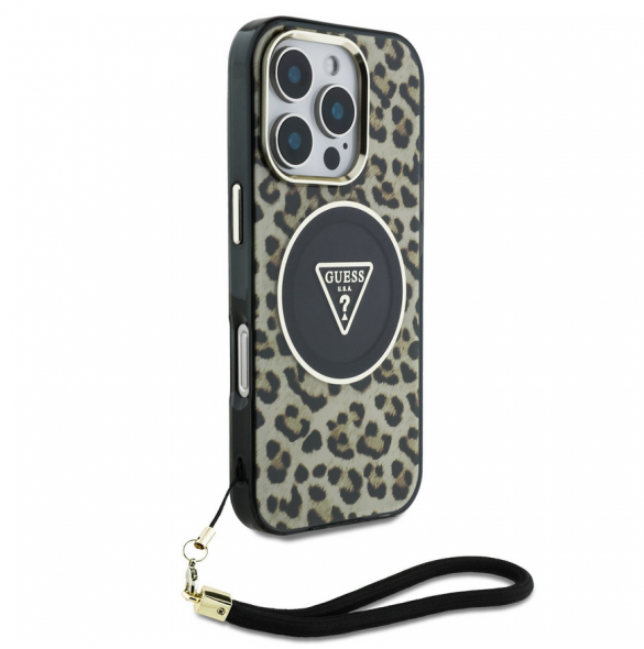 Guess IML Leopard Triangle Logo Strap MagSafe Fodral för iPhone 16 Pro Max Brun