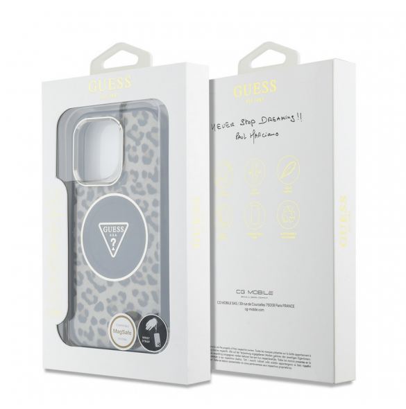 Guess IML Leopard Triangle Logo Strap MagSafe Fodral för iPhone 16 Pro Max Brun