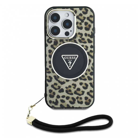 Guess IML Leopard Triangle Logo Strap MagSafe Fodral för iPhone 16 Pro Brown