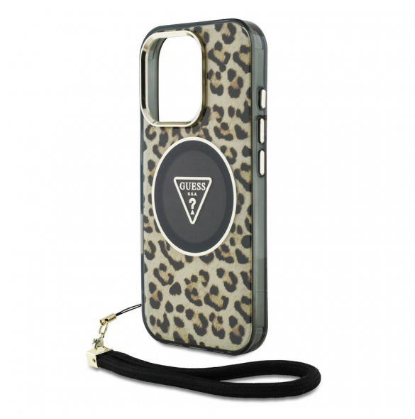 Guess IML Leopard Triangle Logo Strap MagSafe Fodral för iPhone 16 Pro Brown