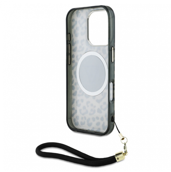 Guess IML Leopard Triangle Logo Strap MagSafe Fodral för iPhone 16 Pro Brown