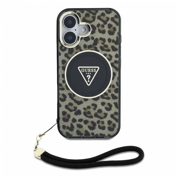 Guess IML Leopard Triangle Logo Strap MagSafe Fodral för iPhone 16 Brun