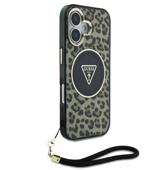 Guess IML Leopard Triangle Logo Strap MagSafe Fodral för iPhone 16 Brun