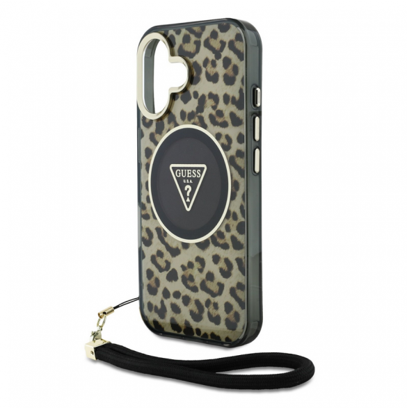 Guess IML Leopard Triangle Logo Strap MagSafe Fodral för iPhone 16 Brun