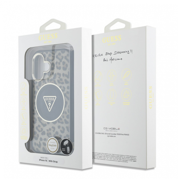 Guess IML Leopard Triangle Logo Strap MagSafe Fodral för iPhone 16 Brun