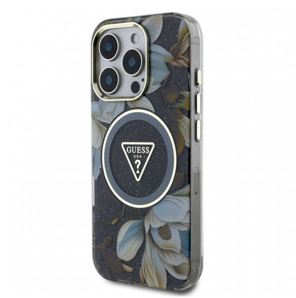 Guess IML Glitter Magnolia och Triangle Logo MagSafe Fodral för iPhone 16 Pro Svart