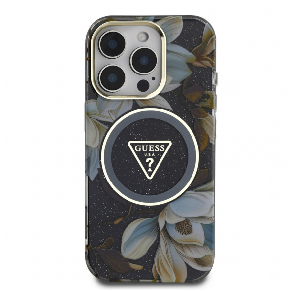 Guess IML Glitter Magnolia och Triangle Logo MagSafe Fodral för iPhone 16 Pro Svart