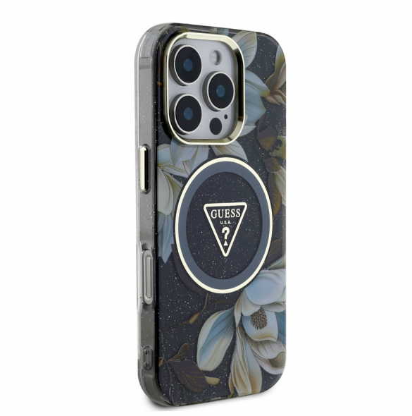 Guess IML Glitter Magnolia och Triangle Logo MagSafe Fodral för iPhone 16 Pro Svart