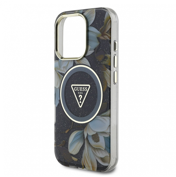 Guess IML Glitter Magnolia och Triangle Logo MagSafe Fodral för iPhone 16 Pro Svart