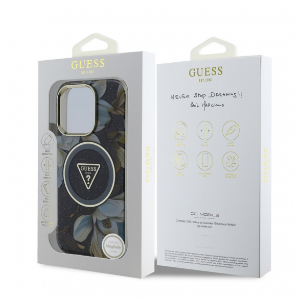 Guess IML Glitter Magnolia och Triangle Logo MagSafe Fodral för iPhone 16 Pro Svart