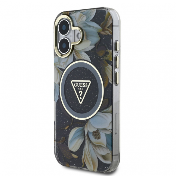 Guess IML Glitter Magnolia och Triangle Logo MagSafe Fodral för iPhone 16 Svart