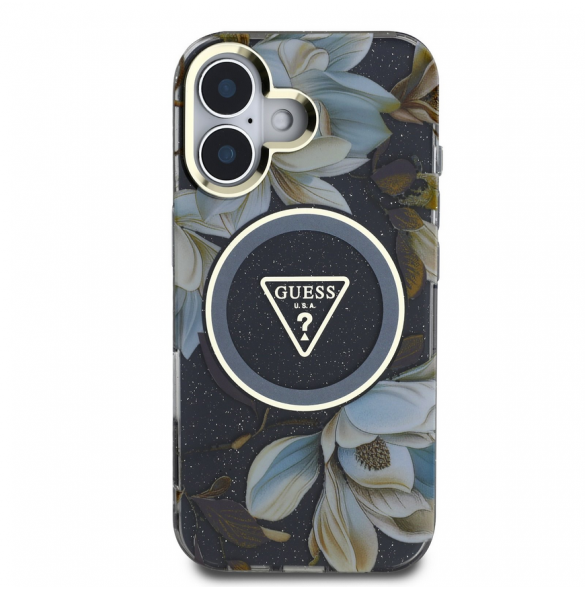Guess IML Glitter Magnolia och Triangle Logo MagSafe Fodral för iPhone 16 Svart
