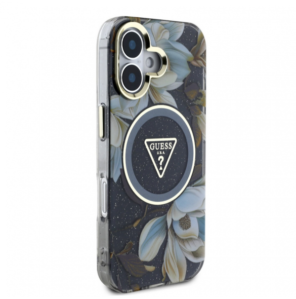 Guess IML Glitter Magnolia och Triangle Logo MagSafe Fodral för iPhone 16 Svart