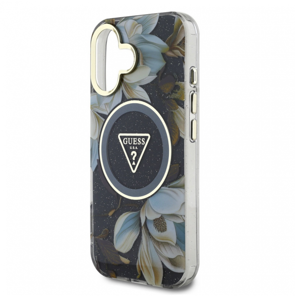 Guess IML Glitter Magnolia och Triangle Logo MagSafe Fodral för iPhone 16 Svart