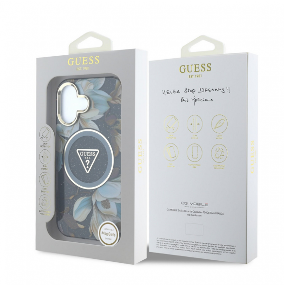 Guess IML Glitter Magnolia och Triangle Logo MagSafe Fodral för iPhone 16 Svart