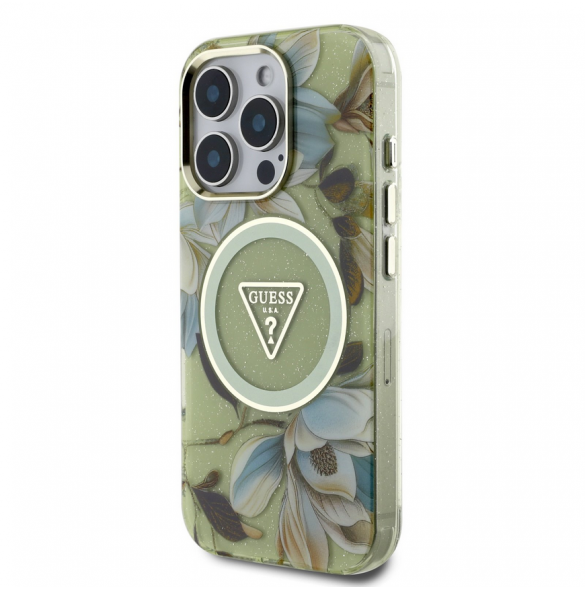 Guess IML Glitter Magnolia och Triangle Logo MagSafe Fodral för iPhone 16 Pro Green