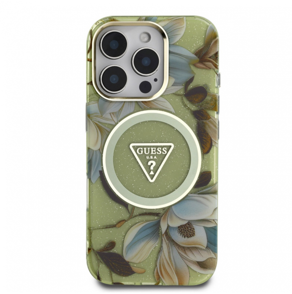 Guess IML Glitter Magnolia och Triangle Logo MagSafe Fodral för iPhone 16 Pro Green