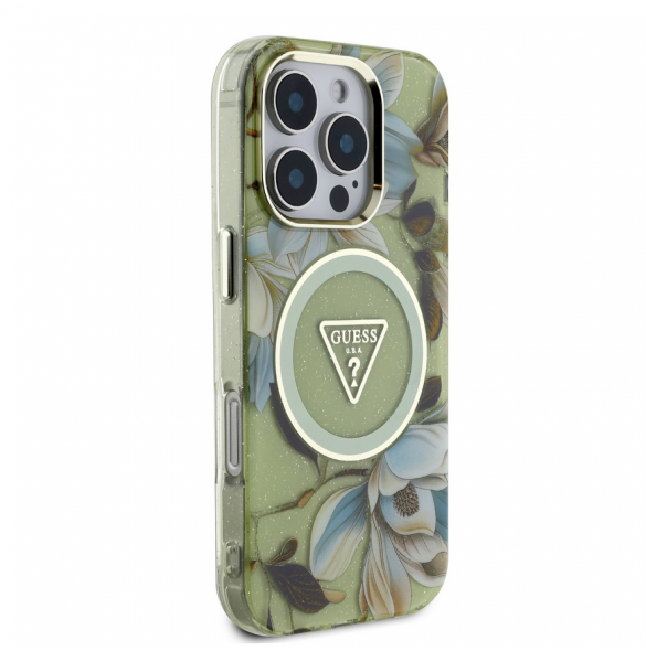 Guess IML Glitter Magnolia och Triangle Logo MagSafe Fodral för iPhone 16 Pro Green