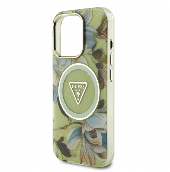 Guess IML Glitter Magnolia och Triangle Logo MagSafe Fodral för iPhone 16 Pro Green