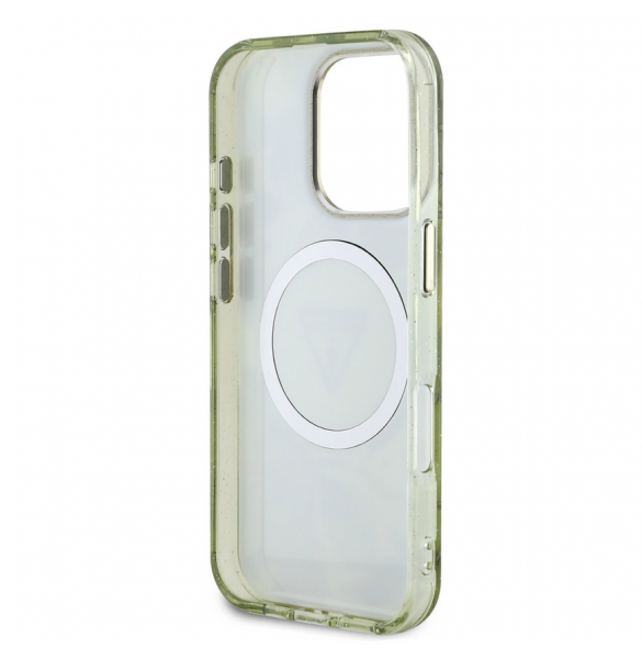 Guess IML Glitter Magnolia och Triangle Logo MagSafe Fodral för iPhone 16 Pro Green