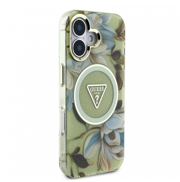 Guess IML Glitter Magnolia och Triangle Logo MagSafe Fodral för iPhone 16 Grön