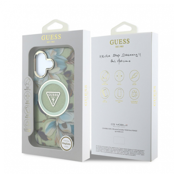 Guess IML Glitter Magnolia och Triangle Logo MagSafe Fodral för iPhone 16 Grön