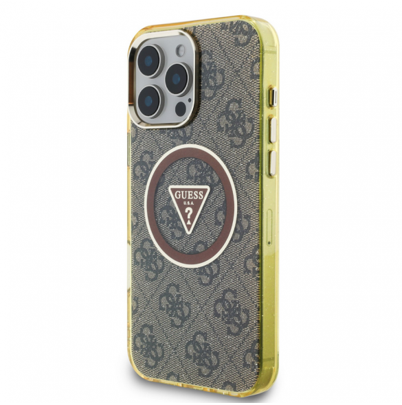 Guess IML 4G Glitter och Triangle Logo MagSafe Fodral för iPhone 16 Pro Brown