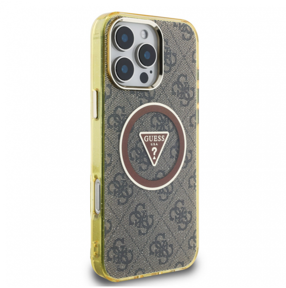 Guess IML 4G Glitter och Triangle Logo MagSafe Fodral för iPhone 16 Pro Brown