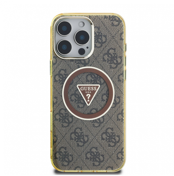 Guess IML 4G Glitter och Triangle Logo MagSafe Fodral för iPhone 16 Pro Brown