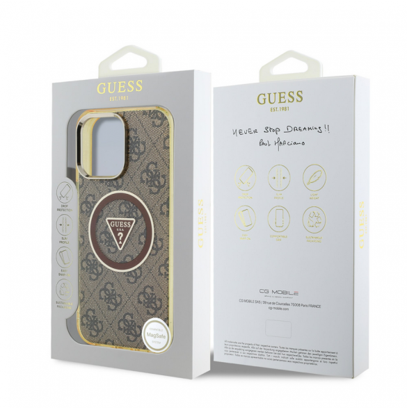 Guess IML 4G Glitter och Triangle Logo MagSafe Fodral för iPhone 16 Pro Brown