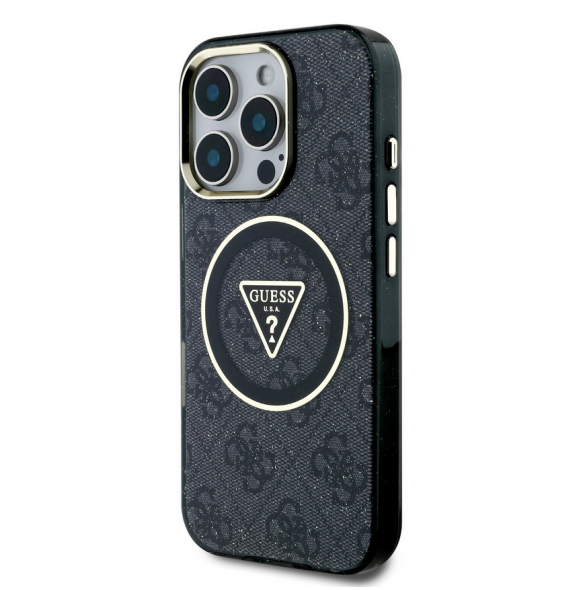 Guess IML 4G Glitter och Triangle Logo MagSafe Fodral för iPhone 16 Pro Max Svart