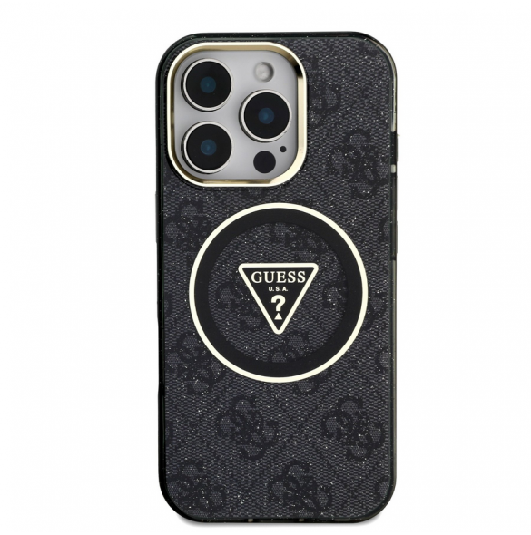 Guess IML 4G Glitter och Triangle Logo MagSafe Fodral för iPhone 16 Pro Svart
