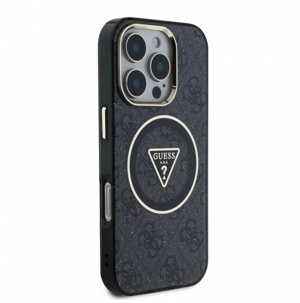 Guess IML 4G Glitter och Triangle Logo MagSafe Fodral för iPhone 16 Pro Svart
