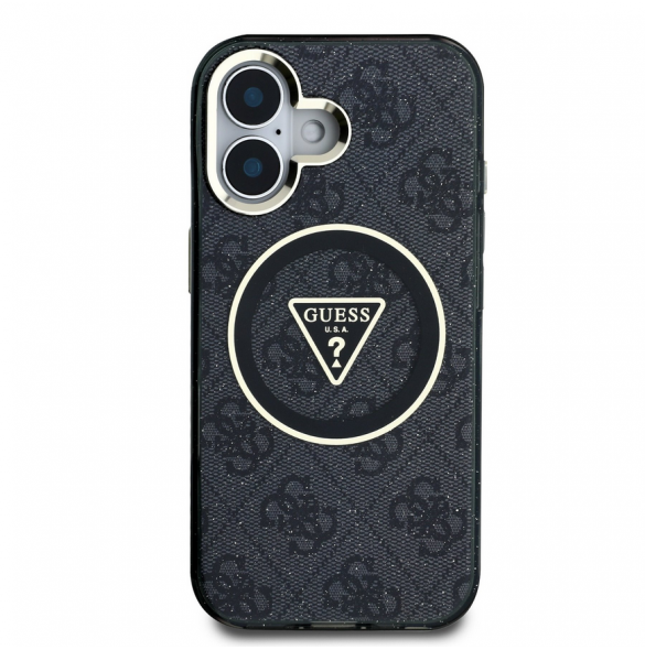 Guess IML 4G Glitter och Triangle Logo MagSafe Fodral för iPhone 16 Svart