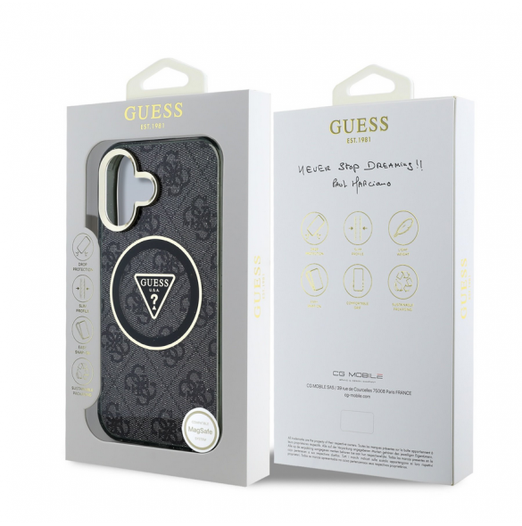 Guess IML 4G Glitter och Triangle Logo MagSafe Fodral för iPhone 16 Svart
