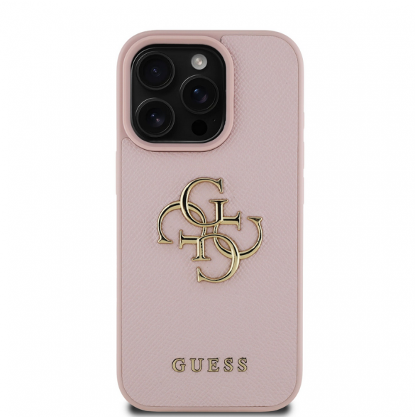 Guess PU Grained 4G metalllogofodral för iPhone 16 Pro Pink