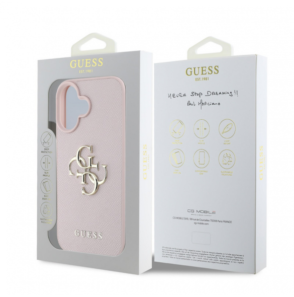Guess PU Grained 4G metalllogofodral för iPhone 16 Rosa