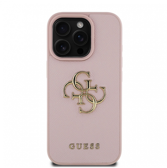 Guess PU Grained 4G metalllogofodral för iPhone 15 Pro Pink