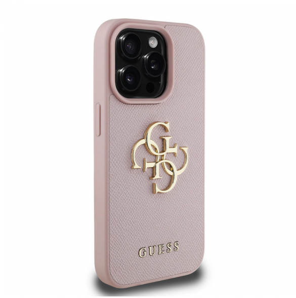 Guess PU Grained 4G metalllogofodral för iPhone 15 Pro Pink