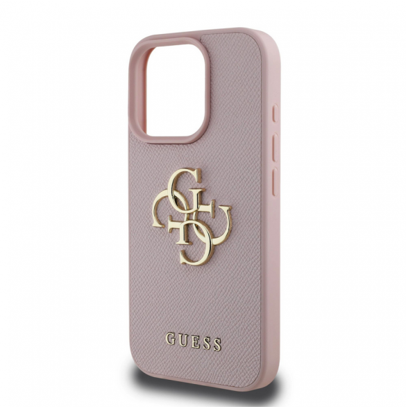 Guess PU Grained 4G metalllogofodral för iPhone 15 Pro Pink