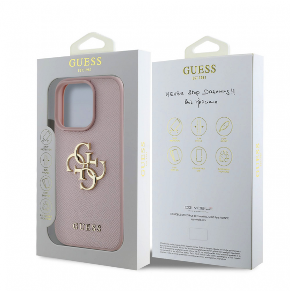 Guess PU Grained 4G metalllogofodral för iPhone 15 Pro Pink
