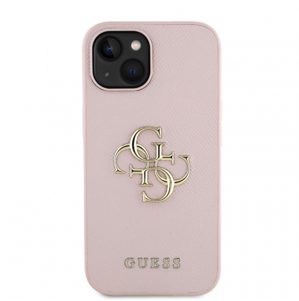 Guess PU Grained 4G metalllogofodral för iPhone 15 Rosa