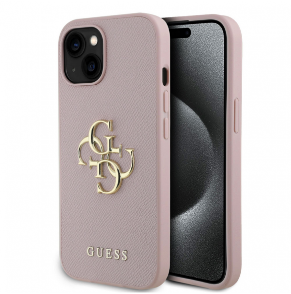 Guess PU Grained 4G metalllogofodral för iPhone 15 Rosa