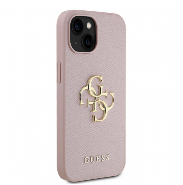 Guess PU Grained 4G metalllogofodral för iPhone 15 Rosa
