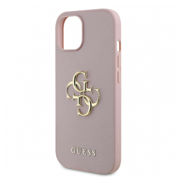 Guess PU Grained 4G metalllogofodral för iPhone 15 Rosa